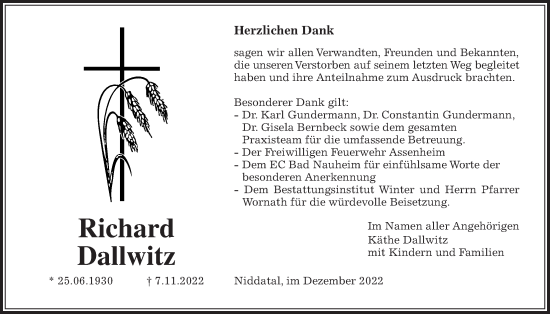 Traueranzeige von Richard Dallwitz von Wetterauer Zeitung