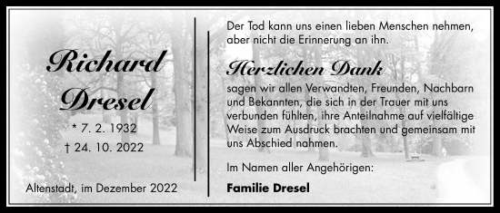 Traueranzeige von Richard Dresel von Kreis-Anzeiger