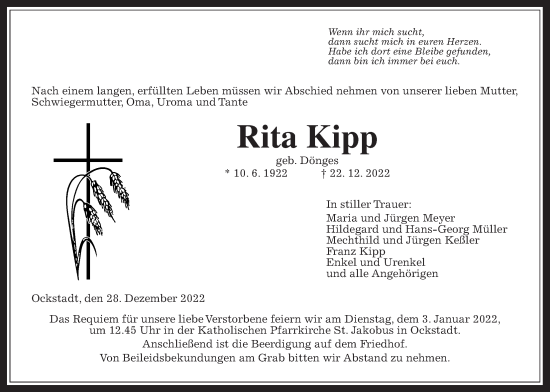 Traueranzeige von Rita Kipp von Wetterauer Zeitung