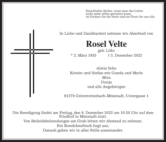 Traueranzeige von Rosel Velte von Usinger Anzeiger