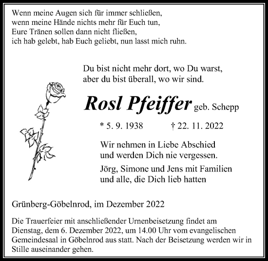 Traueranzeige von Rosl Pfeiffer von Giessener Anzeiger, Giessener Allgemeine, Alsfelder Allgemeine