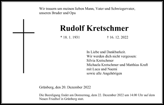Traueranzeige von Rudolf Kretschmer von Giessener Allgemeine, Alsfelder Allgemeine, Giessener Anzeiger