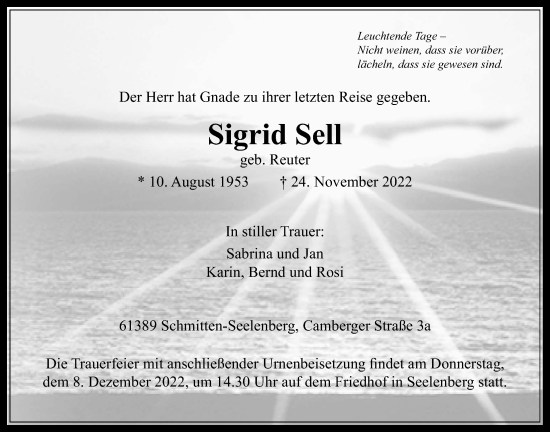 Traueranzeige von Sigrid Sell von Usinger Anzeiger