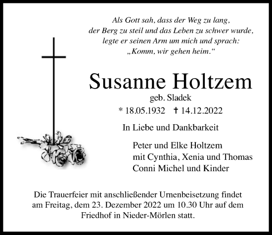Traueranzeige von Susanne Holtzem von Wetterauer Zeitung