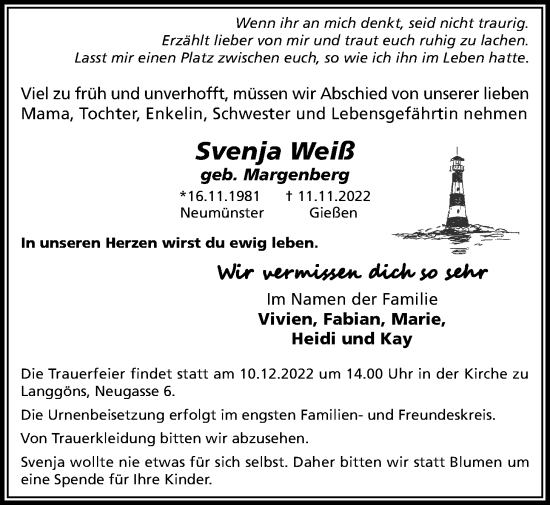 Traueranzeige von Svenja Weiß von Giessener Allgemeine, Alsfelder Allgemeine