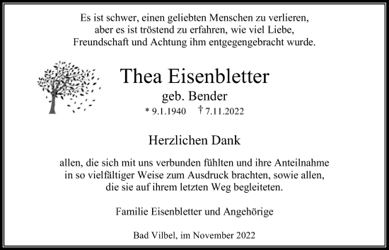 Traueranzeige von Thea Eisenbletter von Bad Vilbel/Karben
