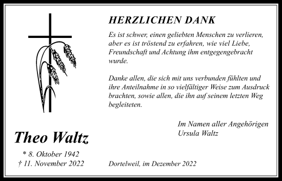 Traueranzeige von Theo Waltz von Bad Vilbel/Karben, Wetterauer Zeitung
