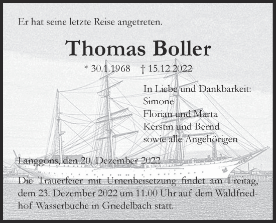 Traueranzeige von Thomas Boller von Giessener Allgemeine, Alsfelder Allgemeine