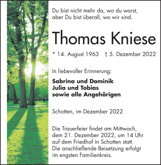 Traueranzeige von Thomas Kniese von Kreis-Anzeiger