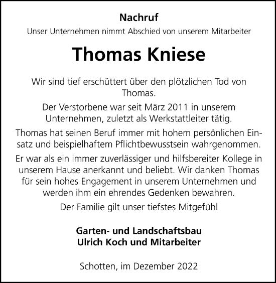 Traueranzeige von Thomas Kniese von Kreis-Anzeiger