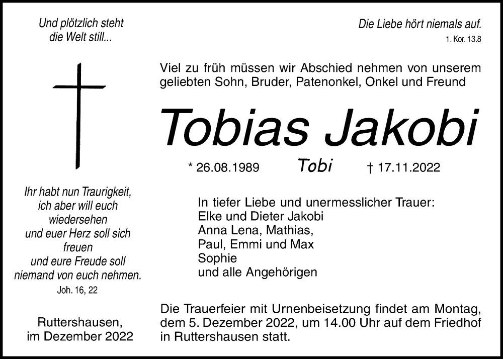  Traueranzeige für Tobias Jakobi vom 01.12.2022 aus Giessener Allgemeine, Alsfelder Allgemeine