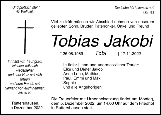 Traueranzeige von Tobias Jakobi von Giessener Allgemeine, Alsfelder Allgemeine