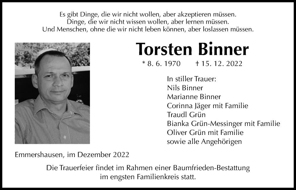  Traueranzeige für Torsten Binner vom 31.12.2022 aus Usinger Anzeiger