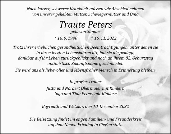 Traueranzeige von Traute Peters von Giessener Anzeiger, Giessener Allgemeine, Alsfelder Allgemeine