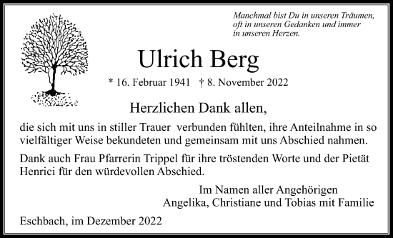 Traueranzeige von Ulrich Berg von Usinger Anzeiger