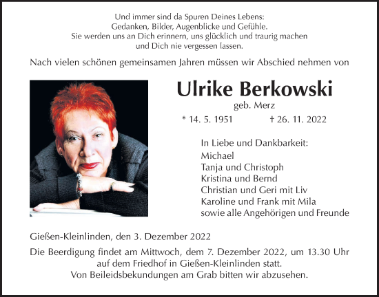 Traueranzeige von Ulrike Berkowski von Giessener Anzeiger, Giessener Allgemeine, Alsfelder Allgemeine