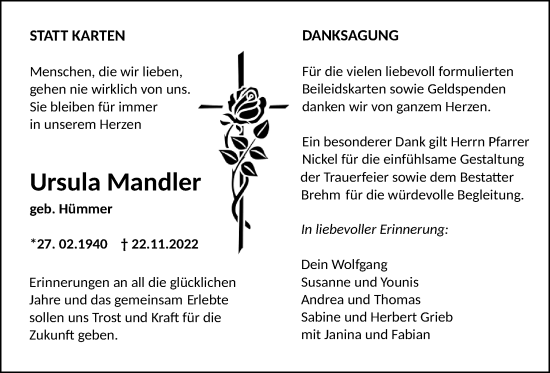 Traueranzeige von Ursula Mandler von Wetterauer Zeitung