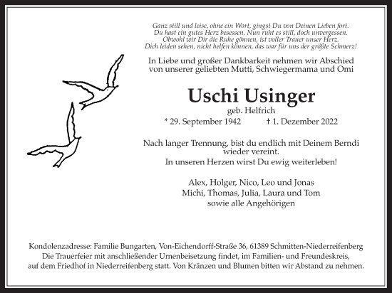 Traueranzeige von Uschi Usinger 