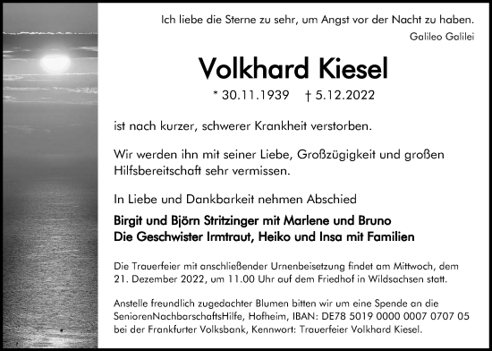 Traueranzeige von Volkhard Kiesel 
