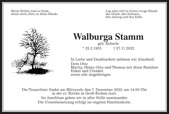 Traueranzeige von Walburga Stamm von Alsfelder Allgemeine