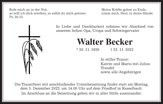 Traueranzeige von Walter Becker von Giessener Allgemeine, Alsfelder Allgemeine