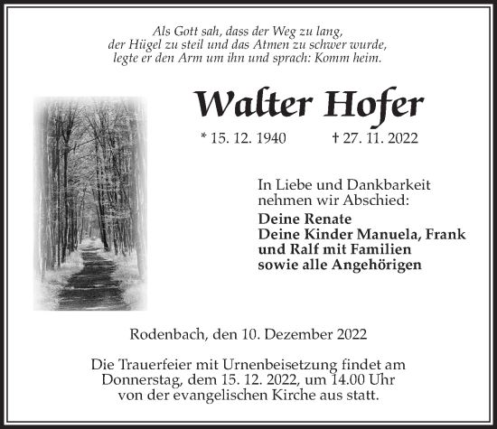 Traueranzeige von Walter Hofer von Kreis-Anzeiger