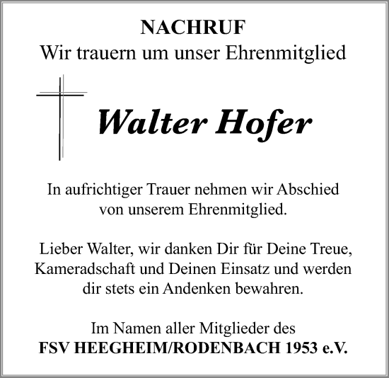 Traueranzeige von Walter Hofer von Kreis-Anzeiger