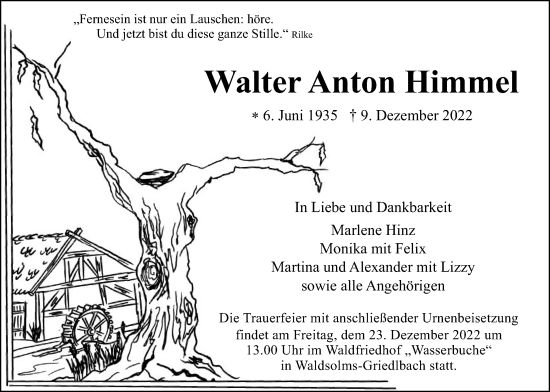 Traueranzeige von Walter Anton Himmel von Wetterauer Zeitung