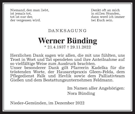 Traueranzeige von Werner Bünding von Alsfelder Allgemeine