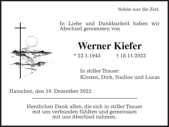 Traueranzeige von Werner Kiefer von Kreis-Anzeiger