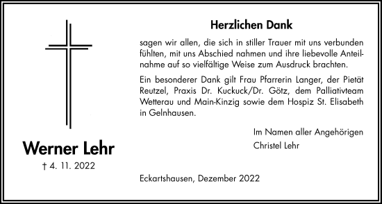 Traueranzeige von Werner Lehr von Kreis-Anzeiger