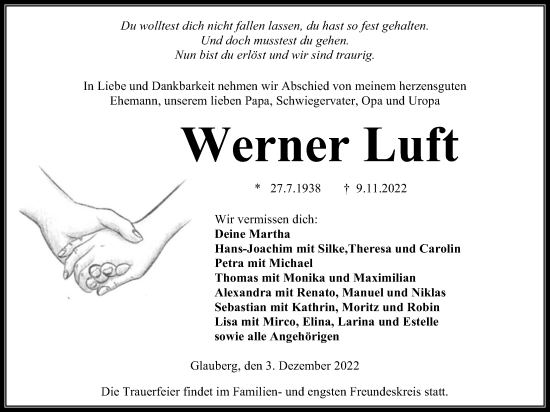Traueranzeige von Werner Luft von Kreis-Anzeiger
