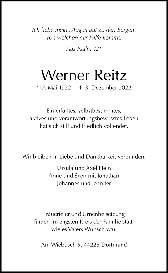 Traueranzeige von Werner Reitz von Kreis-Anzeiger