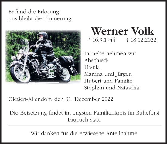 Traueranzeige von Werner Volk von Giessener Allgemeine, Alsfelder Allgemeine