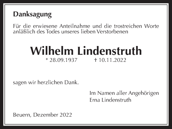 Traueranzeige von Wilhelm Lindenstruth von Giessener Anzeiger