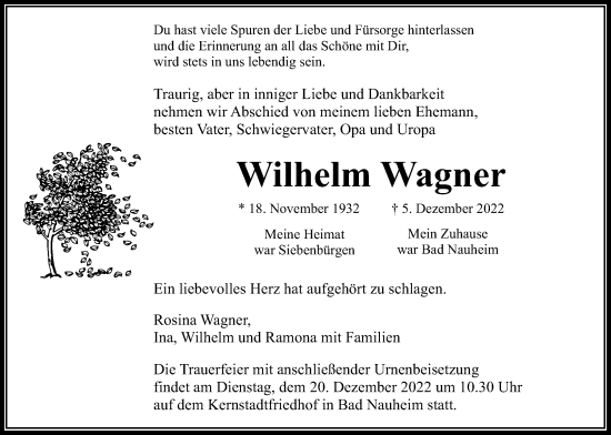 Traueranzeige von Wilhelm Wagner von Wetterauer Zeitung