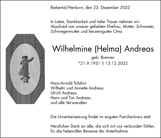 Traueranzeige von Wilhelmine Andreas von Giessener Allgemeine, Alsfelder Allgemeine, Giessener Anzeiger