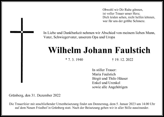 Traueranzeige von Wilhelm Johann Faulstich von Giessener Allgemeine, Alsfelder Allgemeine