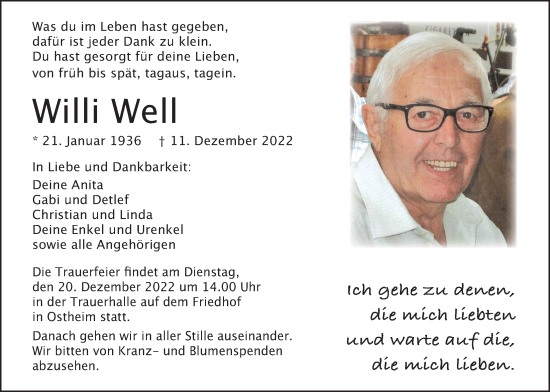 Traueranzeige von Willi Well von Giessener Allgemeine, Alsfelder Allgemeine