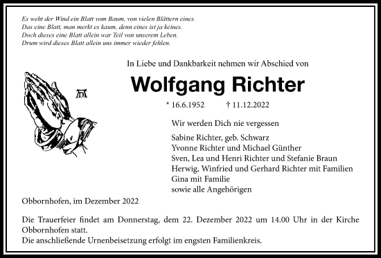 Traueranzeige von Wolfgang Richter von Licher Wochenblatt