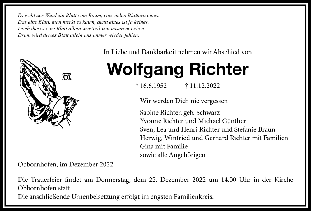  Traueranzeige für Wolfgang Richter vom 15.12.2022 aus Licher Wochenblatt