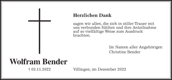 Traueranzeige von Wolfram Bender von Giessener Anzeiger, Giessener Allgemeine, Alsfelder Allgemeine
