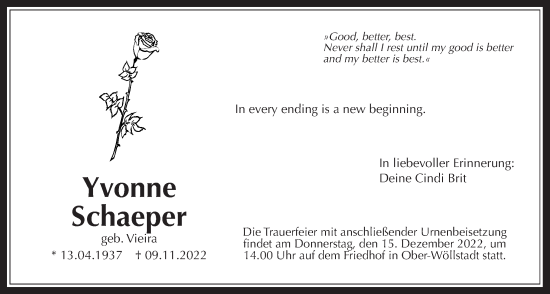 Traueranzeige von Yvonne Schaeper von Wetterauer Zeitung