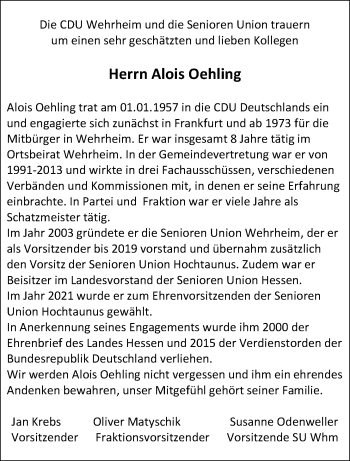 Traueranzeige von Alois Oehling von Usinger Anzeiger
