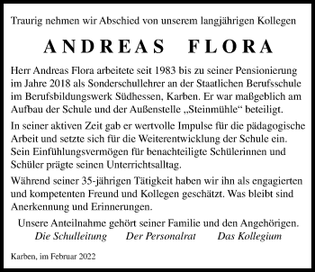 Traueranzeige von Andreas Flora von Wetterauer Zeitung