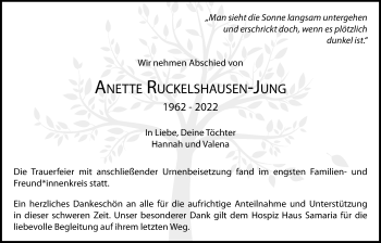 Traueranzeige von Anette Ruckelshausen-Jung von Giessener Allgemeine, Alsfelder Allgemeine