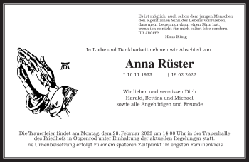 Traueranzeige von Anna Rüster von Giessener Anzeiger, Giessener Allgemeine, Alsfelder Allgemeine