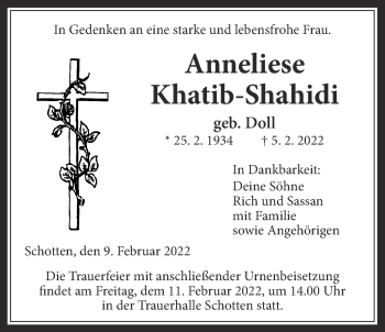 Traueranzeige von Anneliese Khatib-Shahidi von Kreis-Anzeiger
