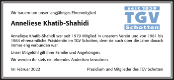 Traueranzeige von Anneliese Khatib-Shahidi von Kreis-Anzeiger