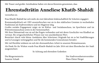 Traueranzeige von Anneliese Khatib-Shahidi von Kreis-Anzeiger